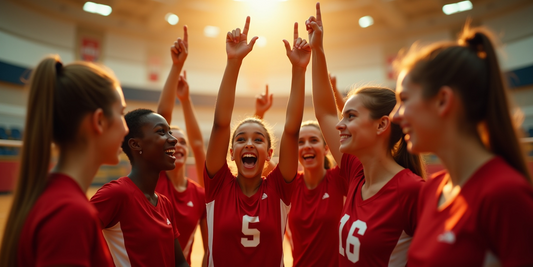 high school volleyball team in huddle