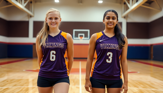2 girls wearing custom volleyball jerseys